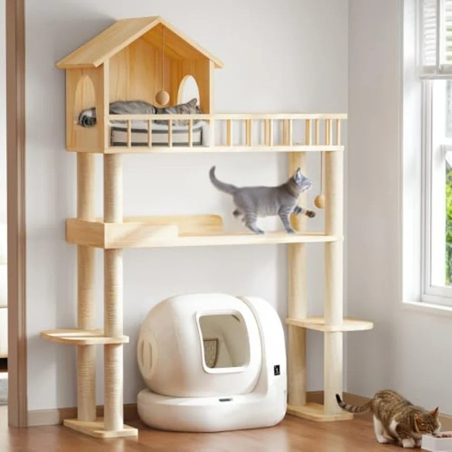 Wood Cat Tower for Self Cleaning Litter Box Multi Level