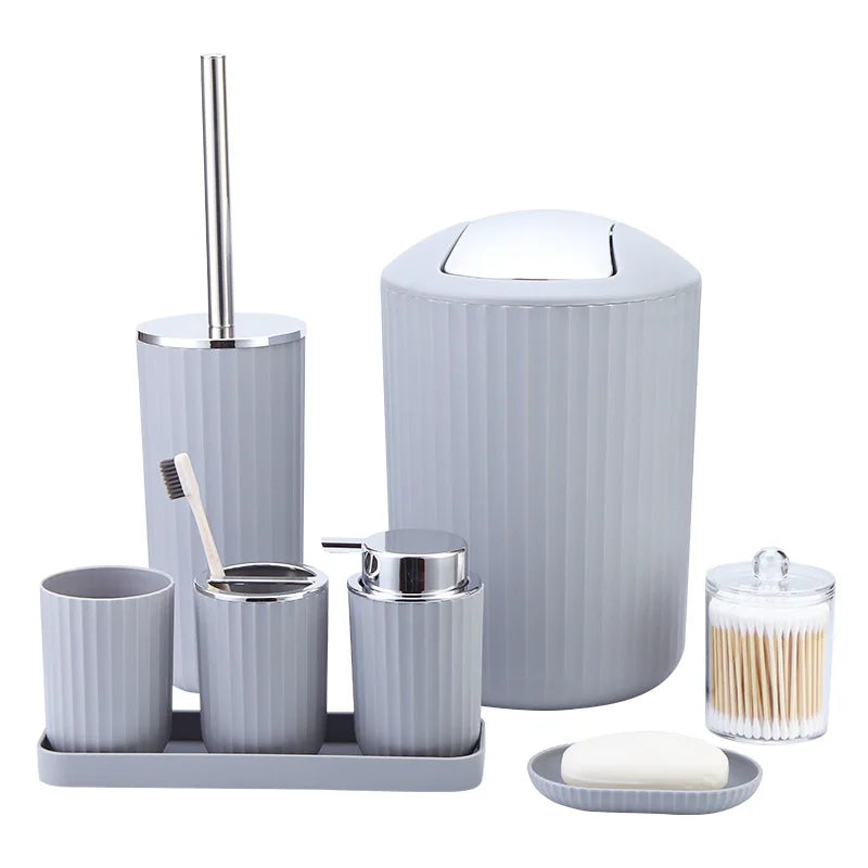 Eight Piece Plastic Bathroom Storage Toiletry Set With Toothbrush Holder