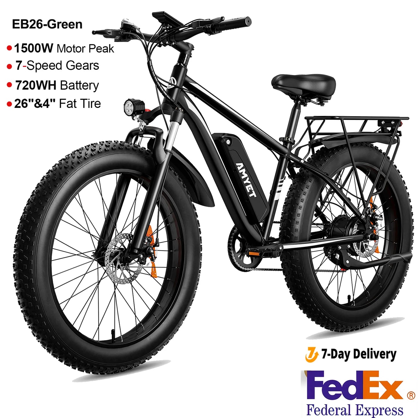 AMYET EB26 Electric Bike 1500W 28 MPH Fat Tire Mountain Ebike