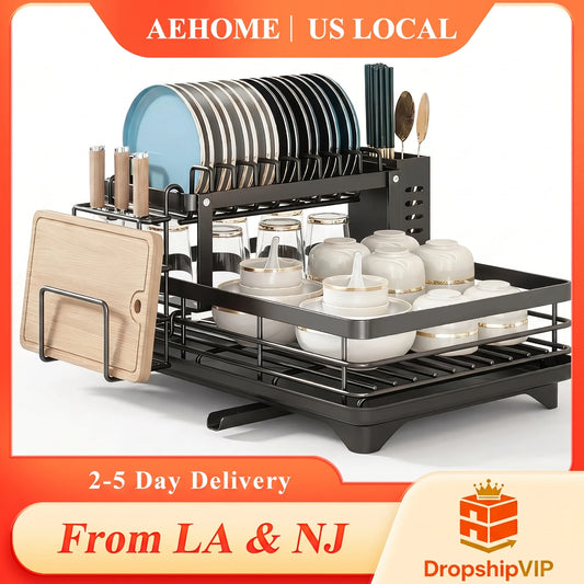 AEHOME 2 Tier Expandable Dish Drying Rack Drainboard Knife Holder