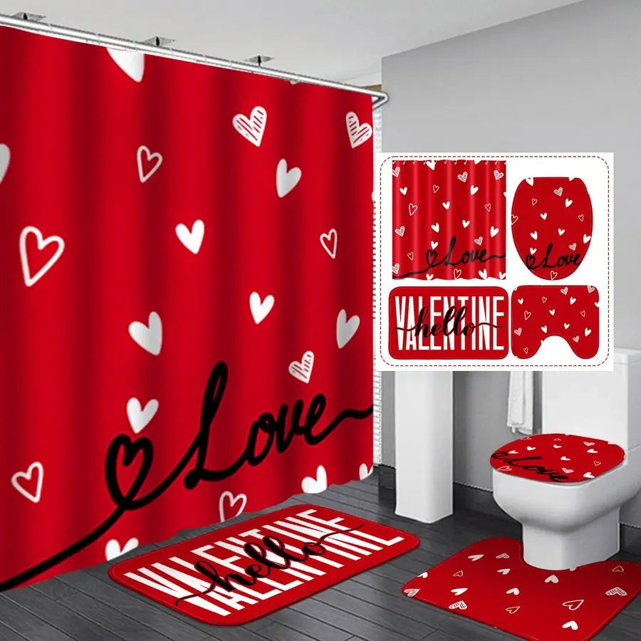 Valentines Day Shower Curtain Set With Bath Mat And Hooks