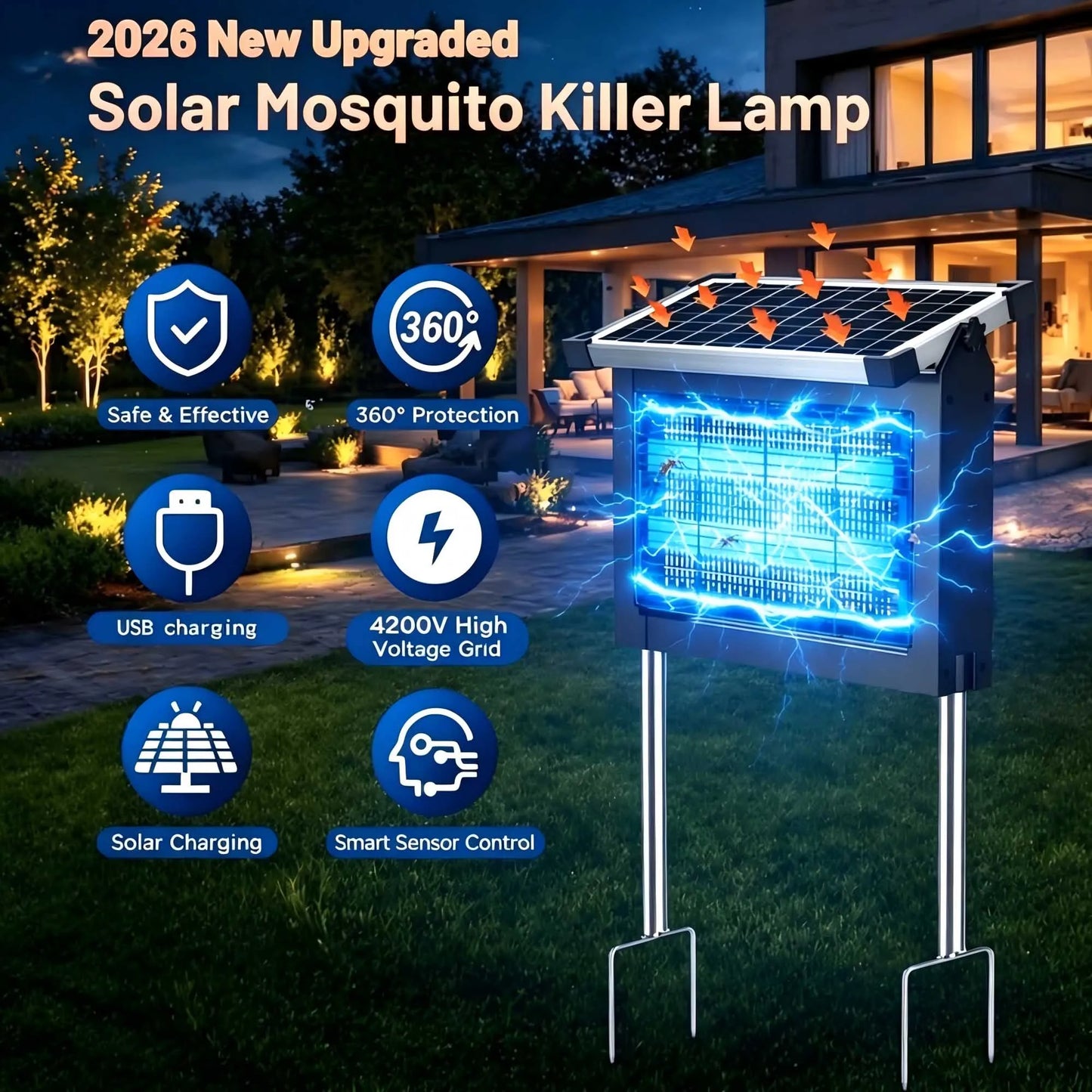 Solar Bug Zapper Outdoor 4500V Mosquito Zapper Panel Sensor