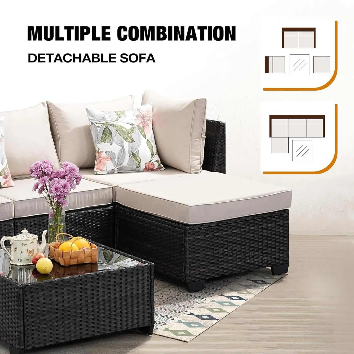 HUANZHUANG 5 Piece Outdoor Patio Furniture Set All Weather Wicker Sofa