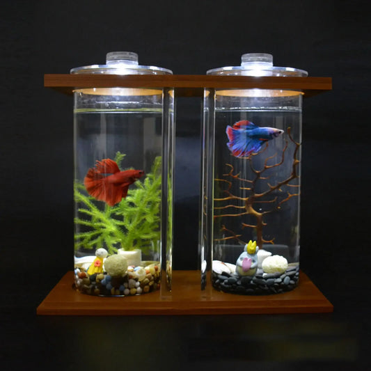 Glass Betta Tank With LED Light Bamboo Base Compact Set