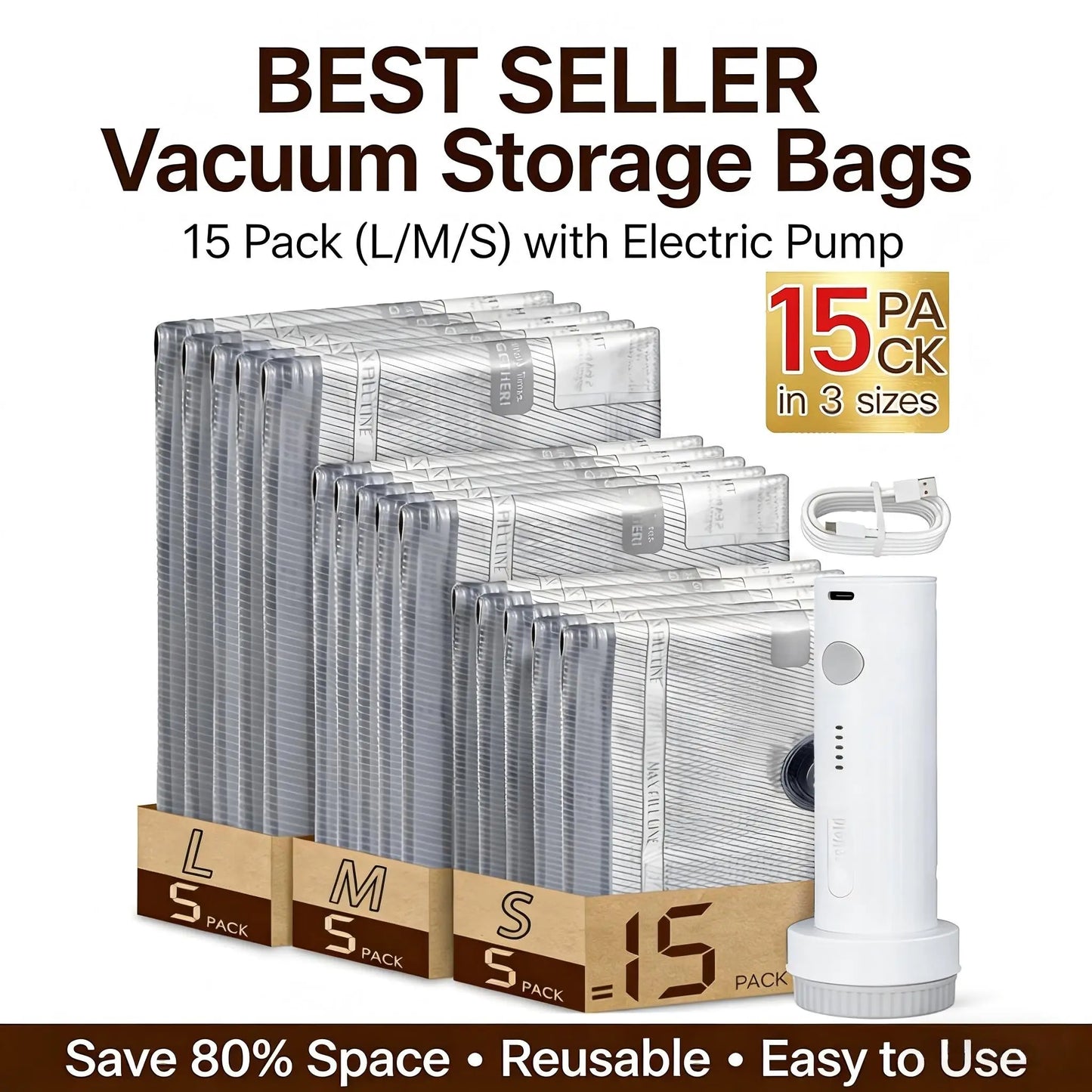 Vacuum Bags For Travel With Rechargeable Cordless Pump For Luggage