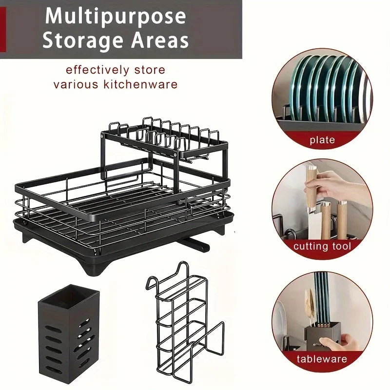 AEHOME 2 Tier Expandable Dish Drying Rack Drainboard Knife Holder