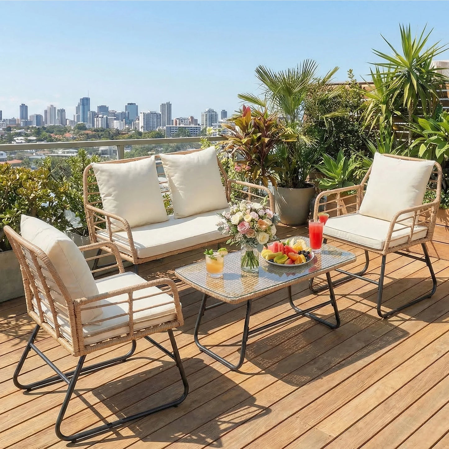 Outdoor Wicker Patio Furniture Set With Glass Table Cushions
