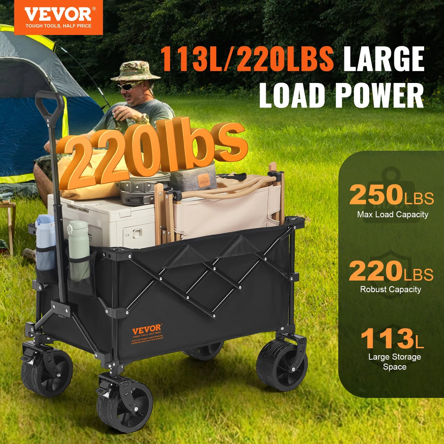 SucceBuy Collapsible Folding Wagon With All Terrain Wheels Drink Holders