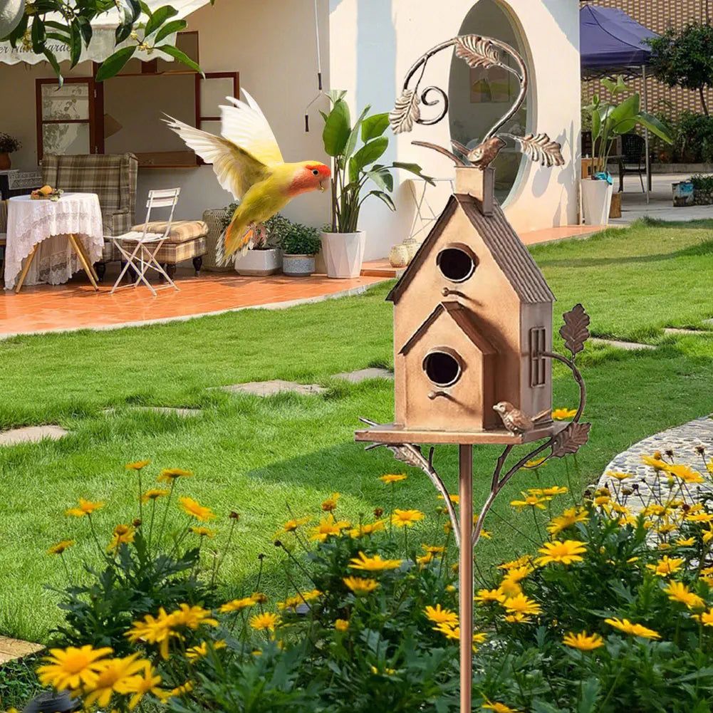 Metal Birdhouse Garden Stakes With Pole For Outdoor Yard Decor