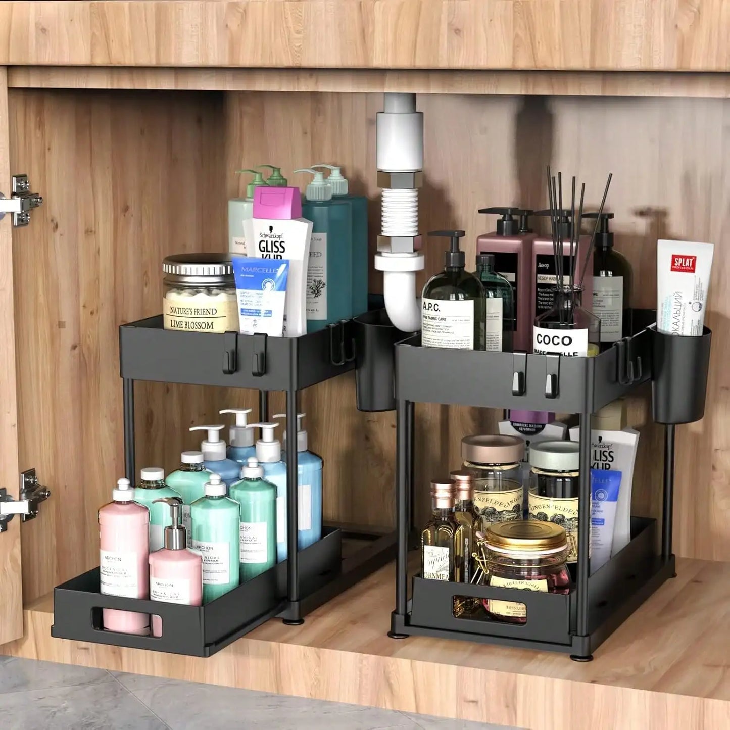 Under Sink Organizer Shelf Set With Pull Out Drawer For Kitchen Bathroom