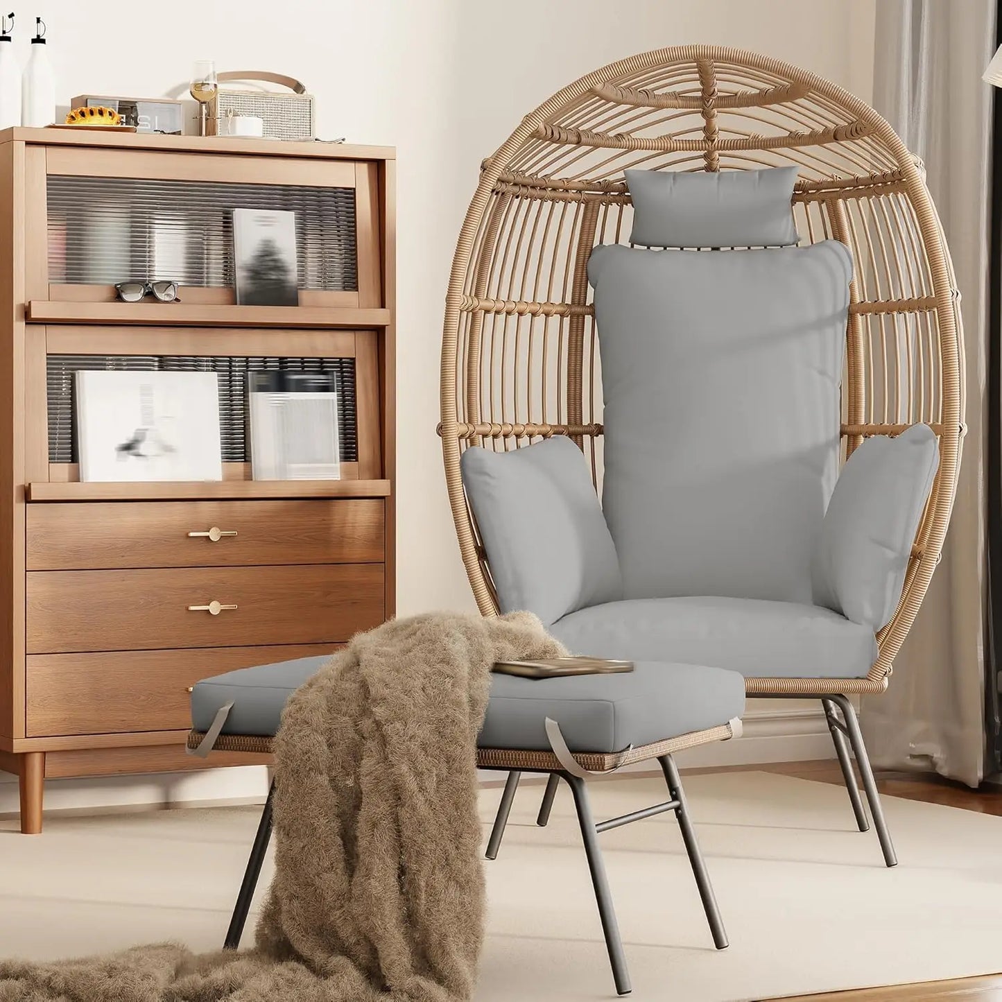 Wicker Egg Chair With Ottoman Waterproof Outdoor Patio Lounge
