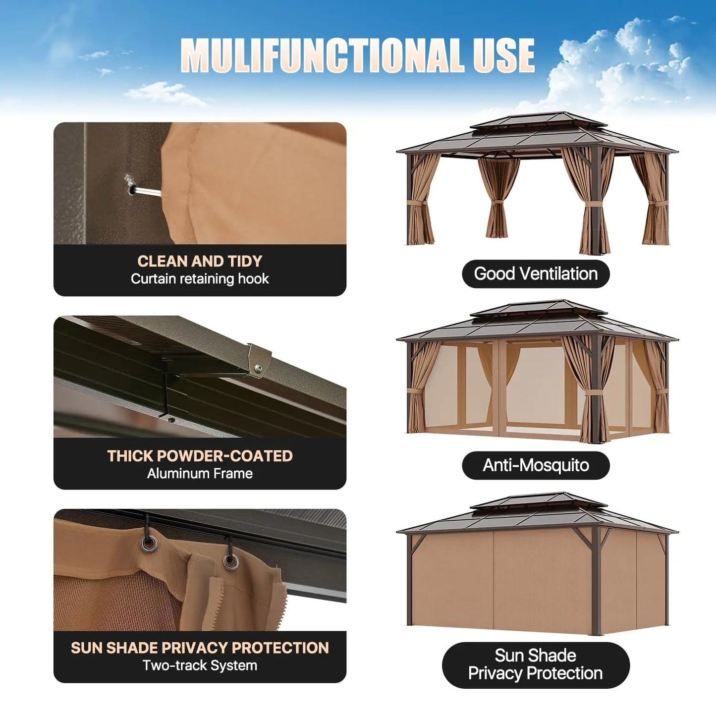 Hardtop Gazebo With Aluminum Frame Polycarbonate Double Roof Canopy Curtains