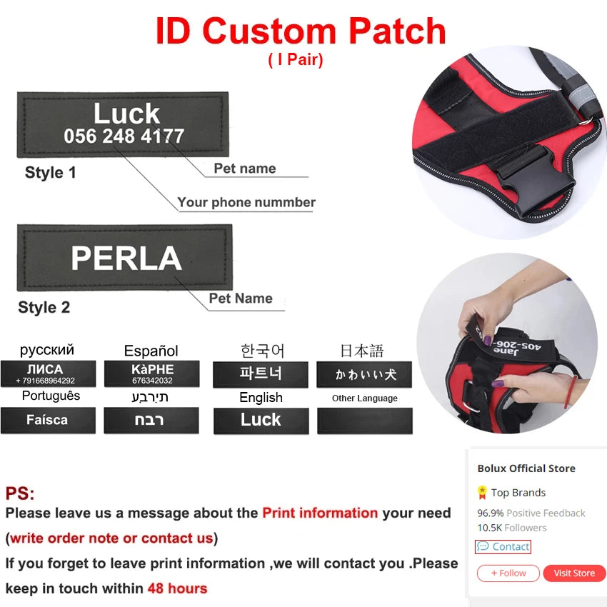 Bolux Personalized No Pull Reflective Dog Harness Vest All Sizes