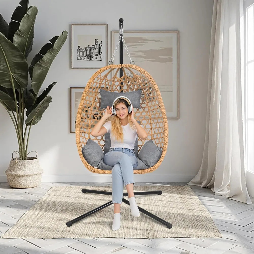 Rattan Hanging Egg Chair With Stand for Patio Outdoor Comfort