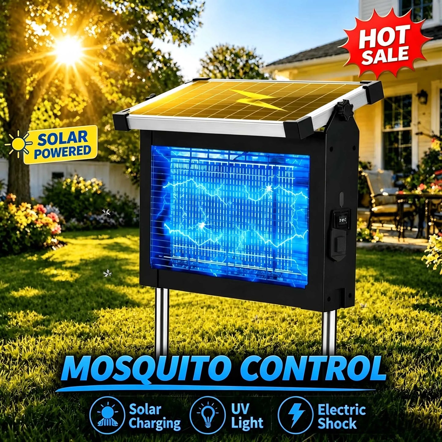 Solar Bug Zapper Outdoor 4500V Mosquito Zapper Panel Sensor