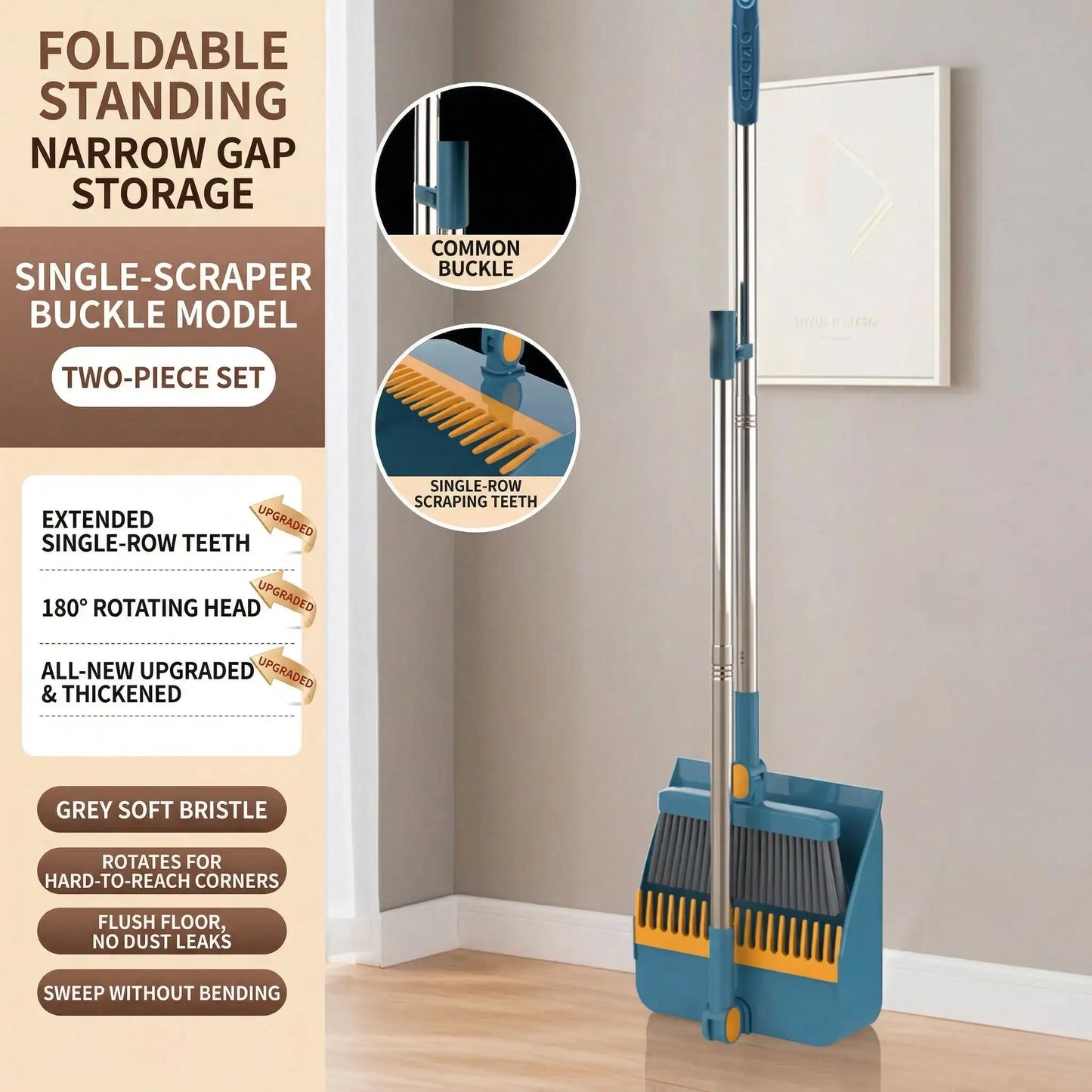 Broom and Dustpan Two Piece Rotatable Head with Extendable Handle