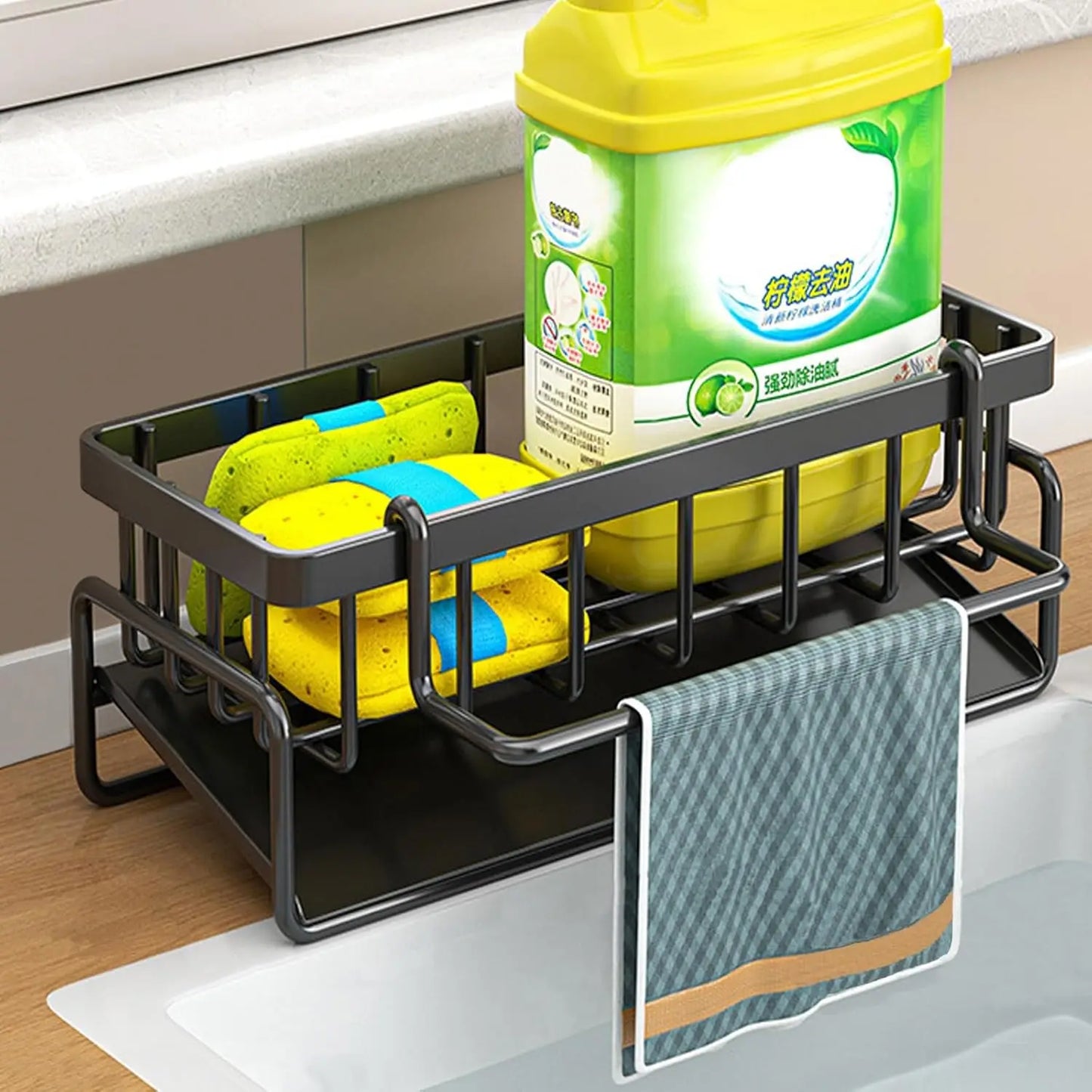 Carbon Steel Kitchen Sink Organizer With Sponge Holder And Dispenser