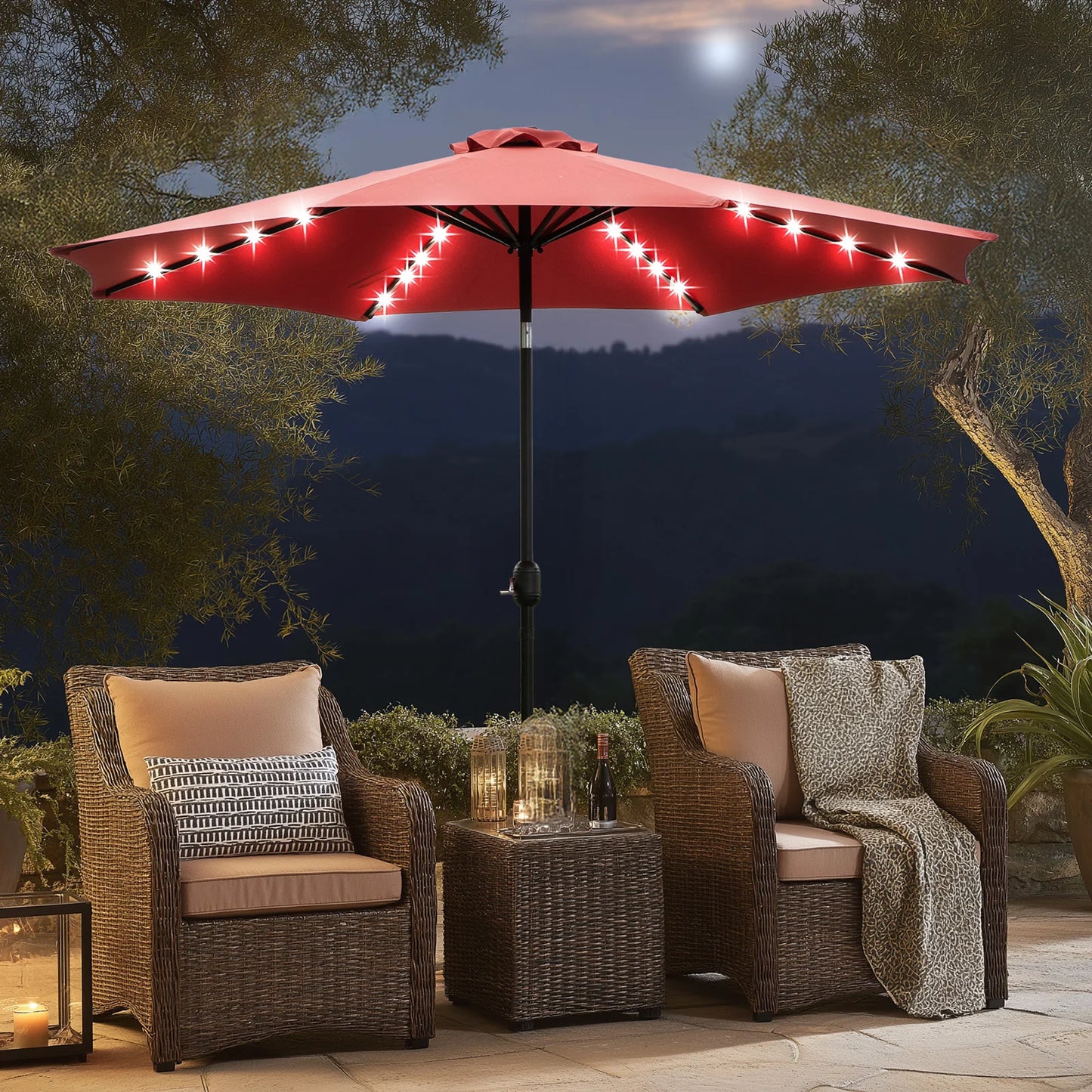 JHK Solar Patio Umbrella With 32 LED Lights Tilt UVResistant