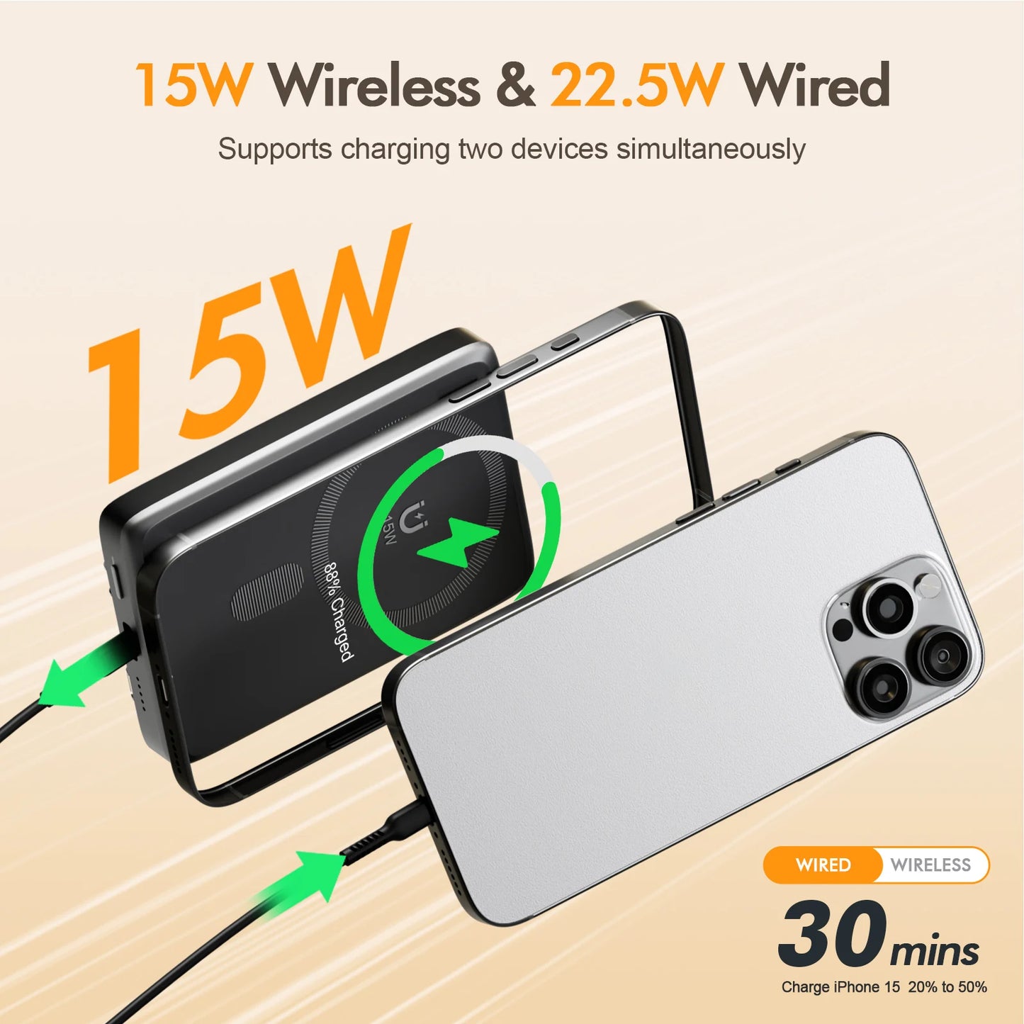 10000W Magnetic Power Bank Wireless Charger 22.5W USB C Cable