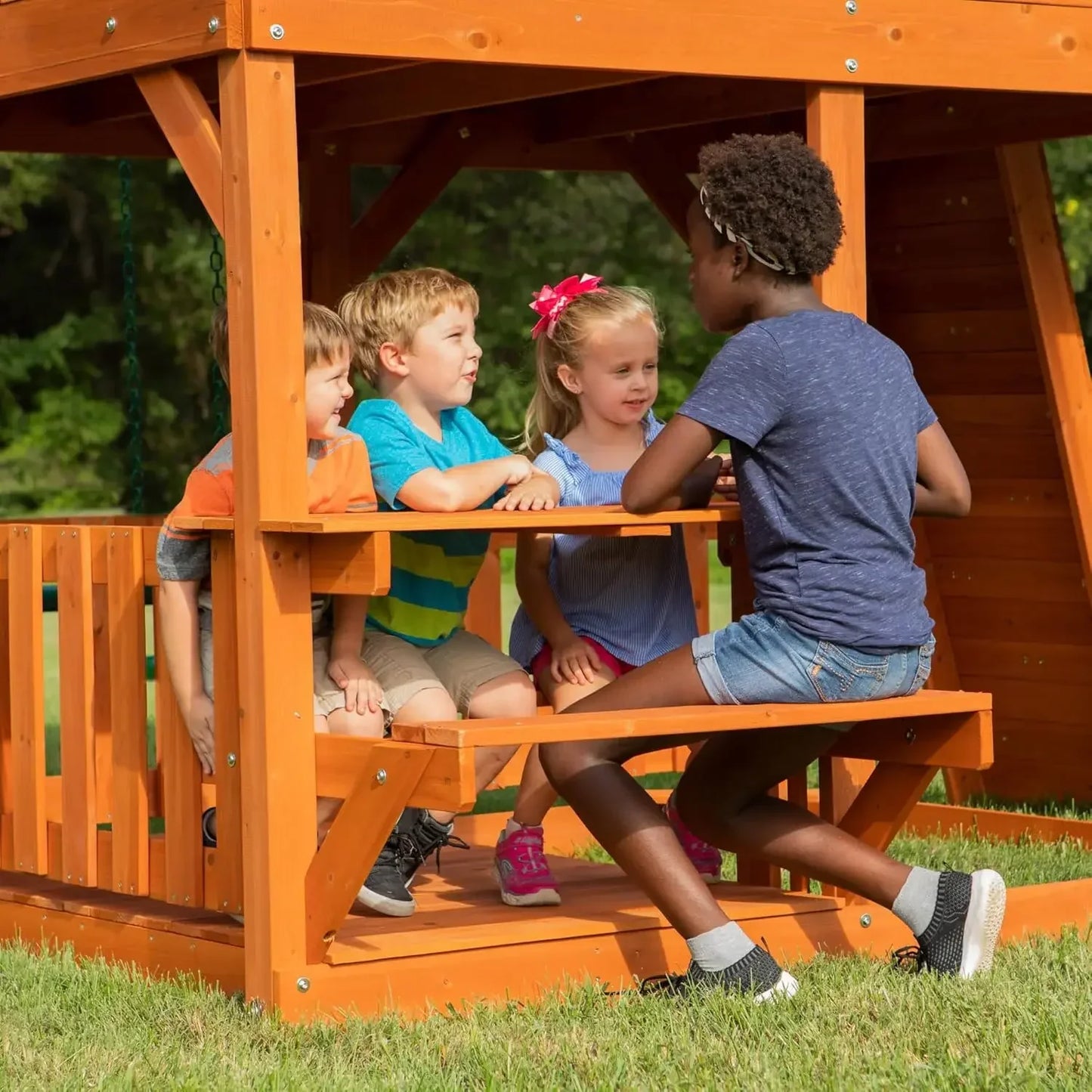 Cedar Wood Swing Set With Wave Slide And Raised Clubhouse