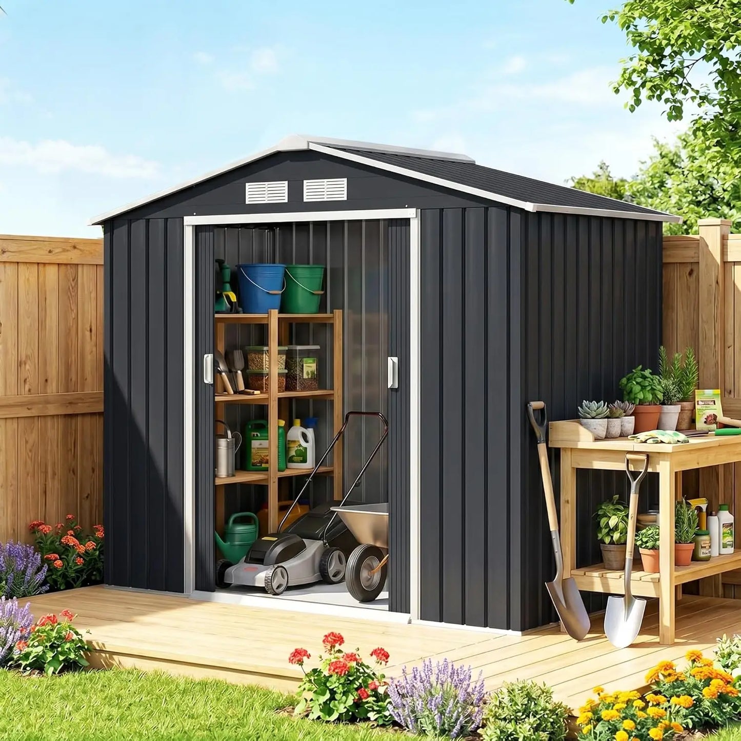 XIAOLANG Outdoor Metal Storage Shed With Foundation Kit And Lockable Doors