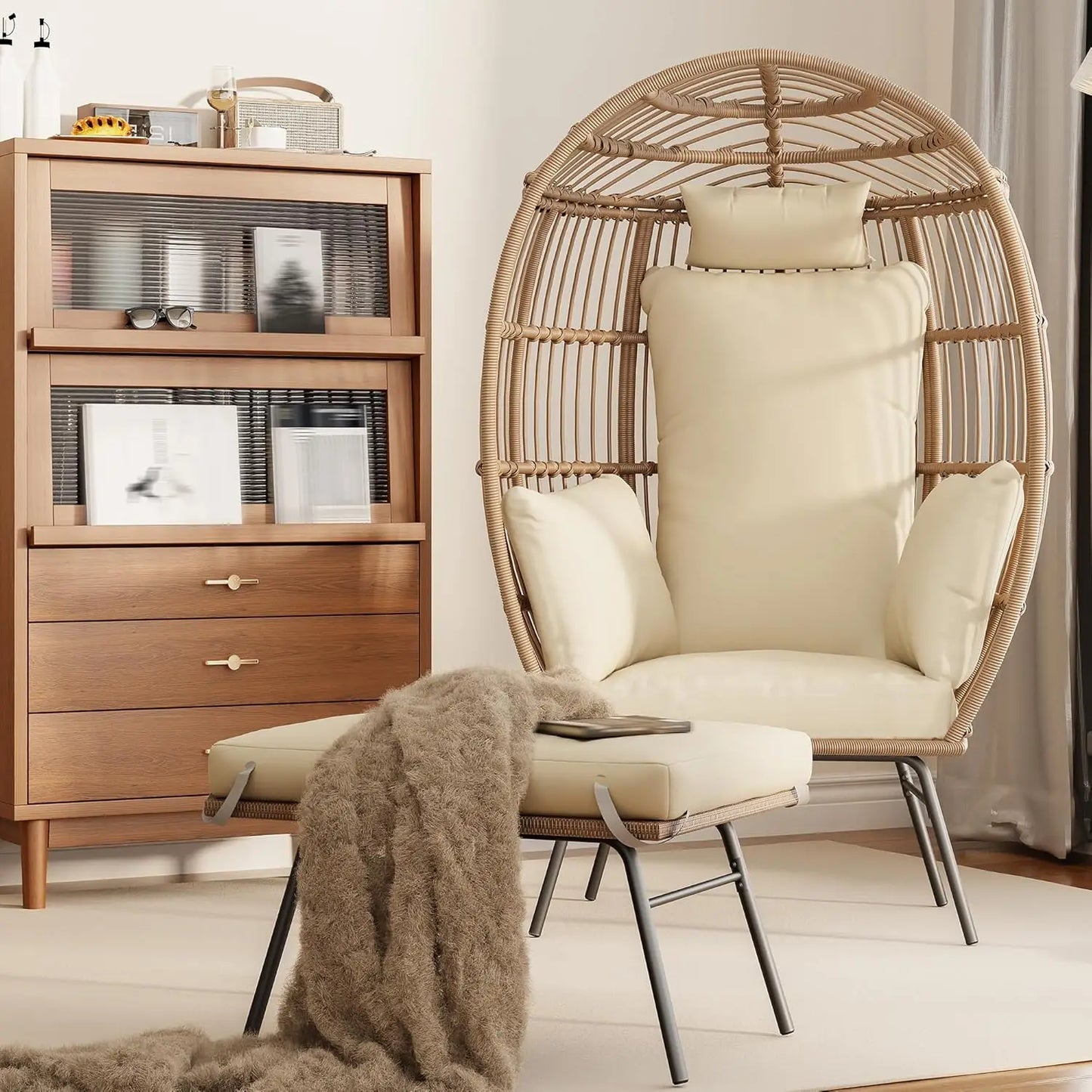 Wicker Egg Chair With Ottoman Waterproof Outdoor Patio Lounge
