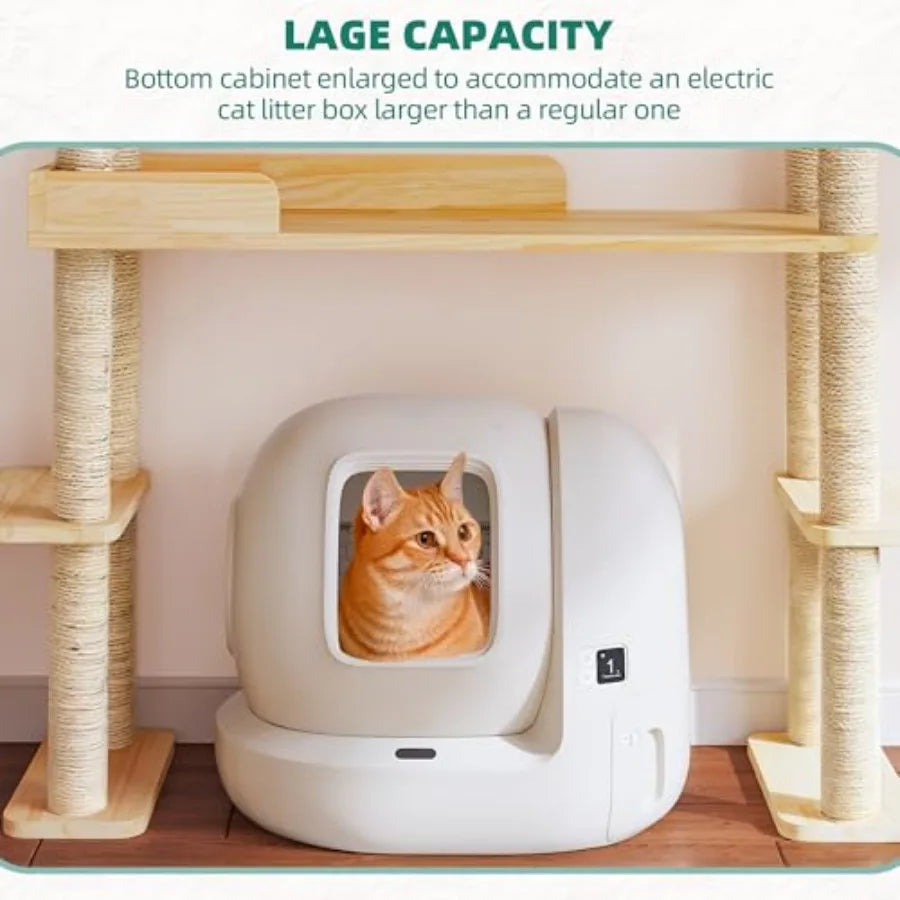 Wood Cat Tower for Self Cleaning Litter Box Multi Level