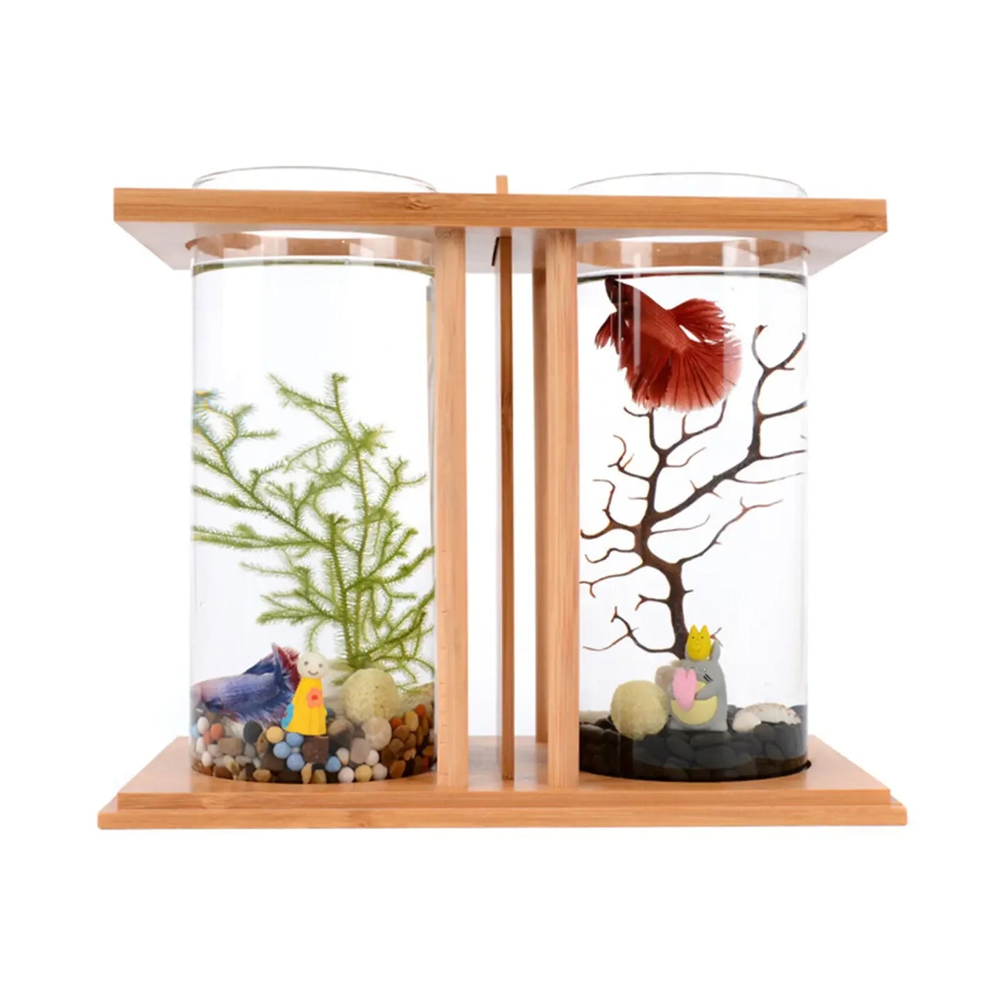 Eco Bamboo Wood Glass Mini Fish Tank Dual Desktop Aquarium
