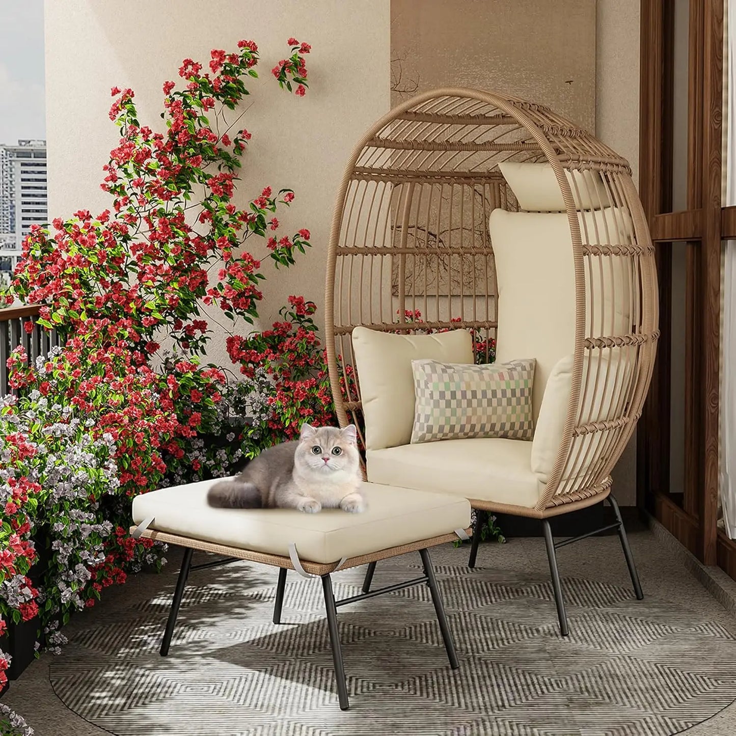 Wicker Egg Chair With Ottoman Waterproof Outdoor Patio Lounge