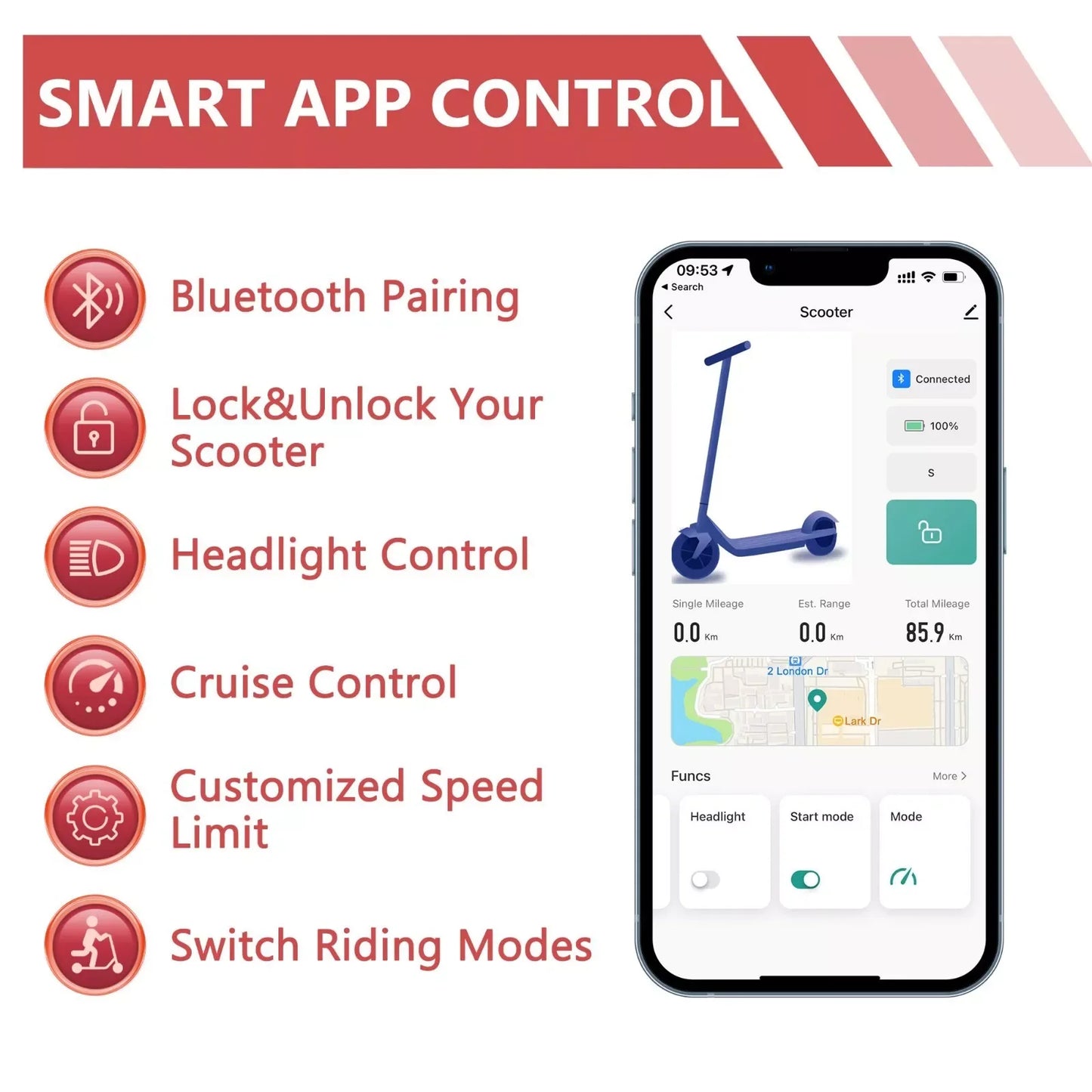 Ladped Electric Scooter 350W 19mph App Control Folding Waterproof