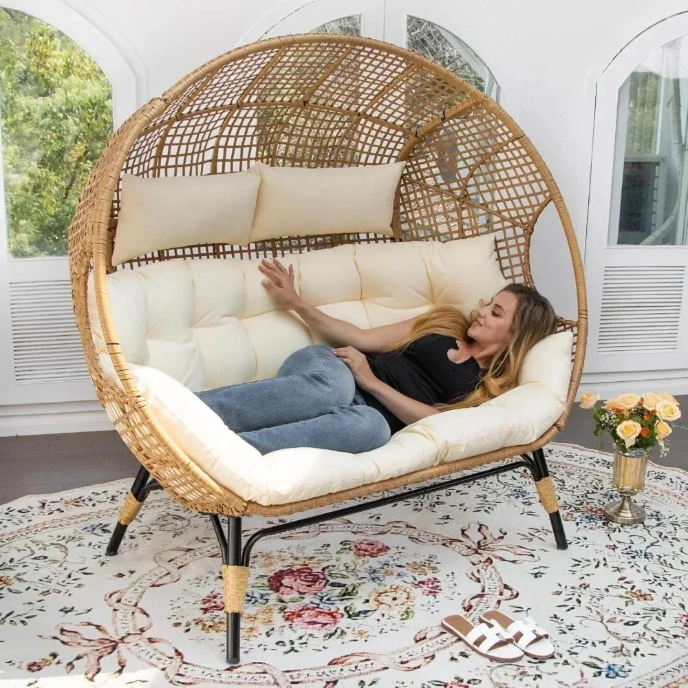 Double Egg Outdoor Lounge Chair For Two With Padded Cushions