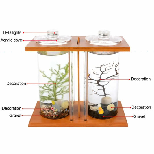 Eco Bamboo Wood Glass Mini Fish Tank Dual Desktop Aquarium