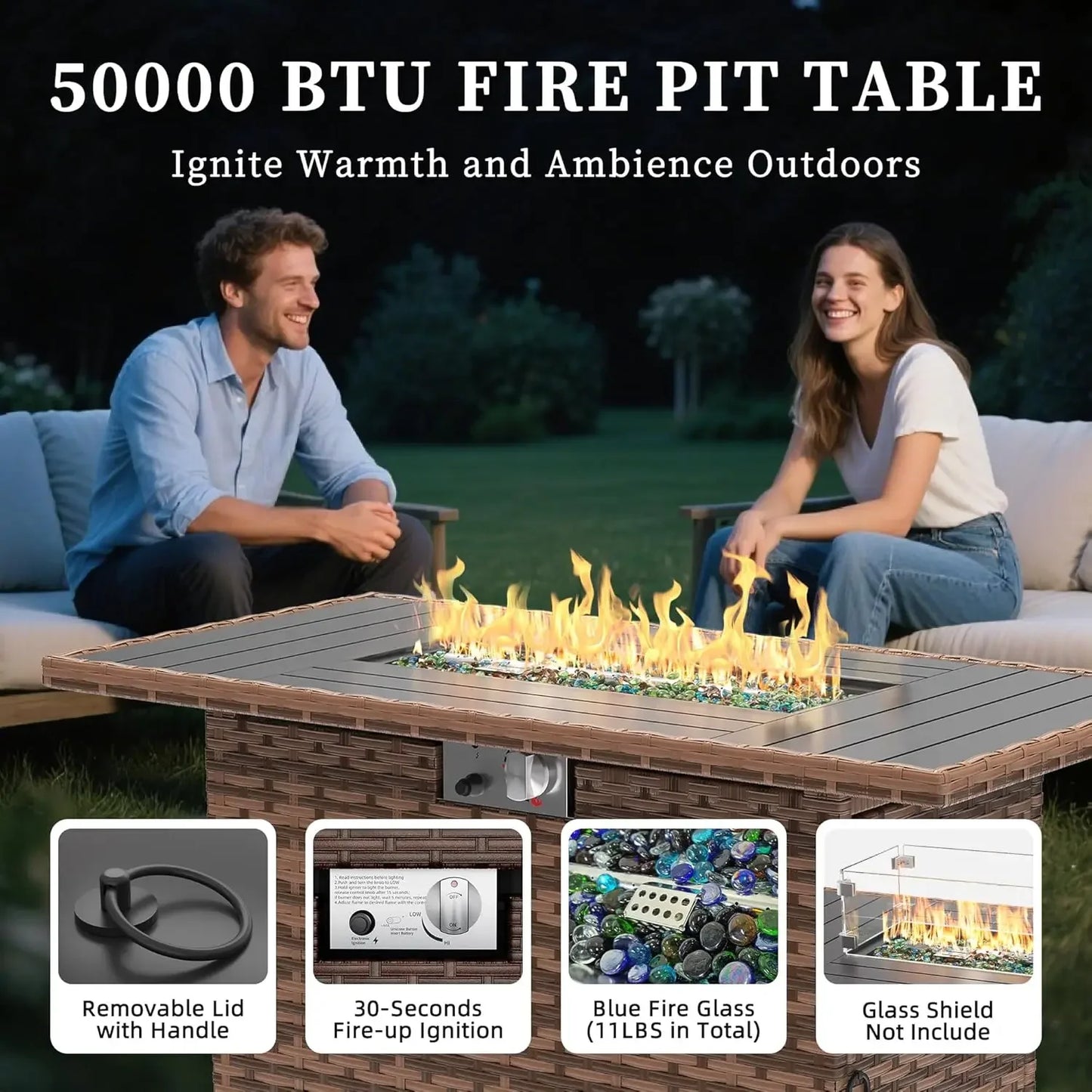 Outdoor Fire Pit Table Furniture Set With All Weather Wicker Sofas
