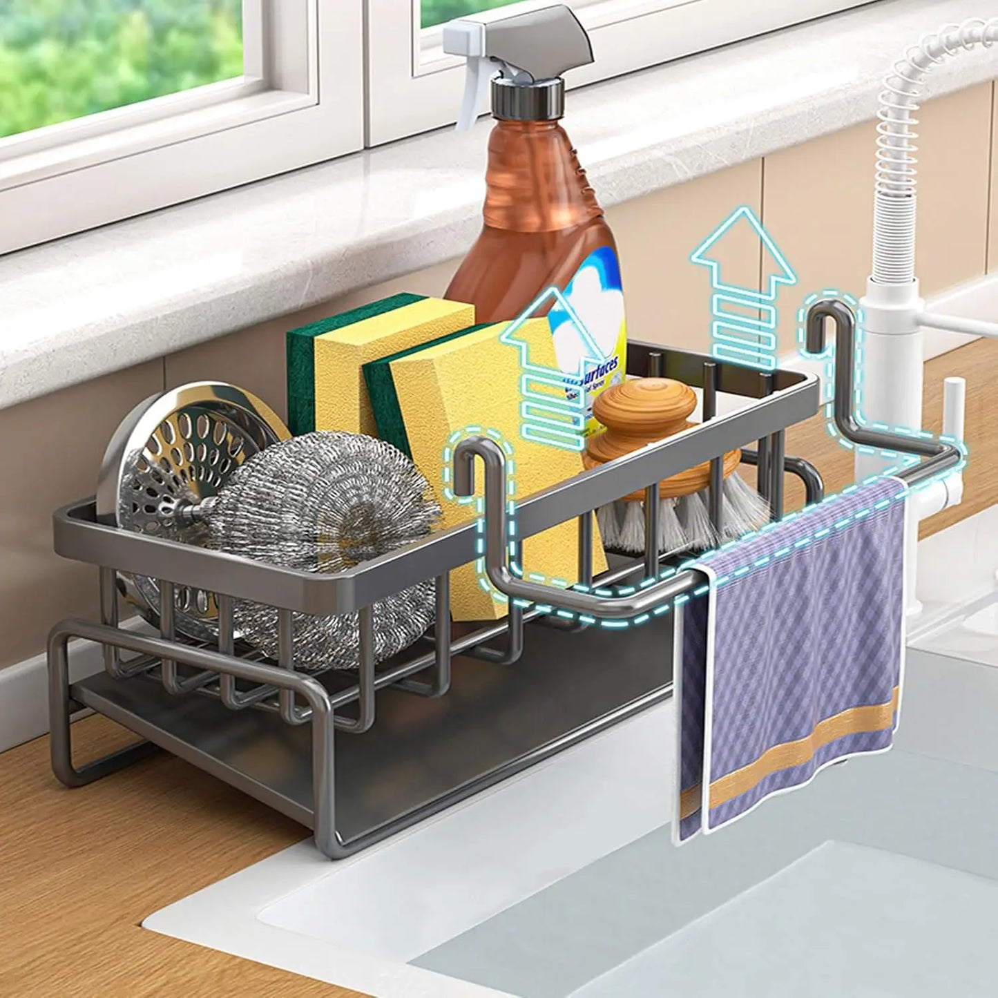 Carbon Steel Kitchen Sink Organizer With Sponge Holder And Dispenser