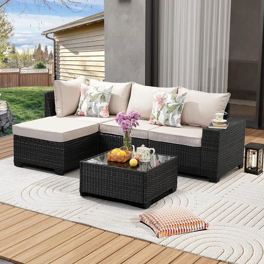 HUANZHUANG 5 Piece Outdoor Patio Furniture Set All Weather Wicker Sofa