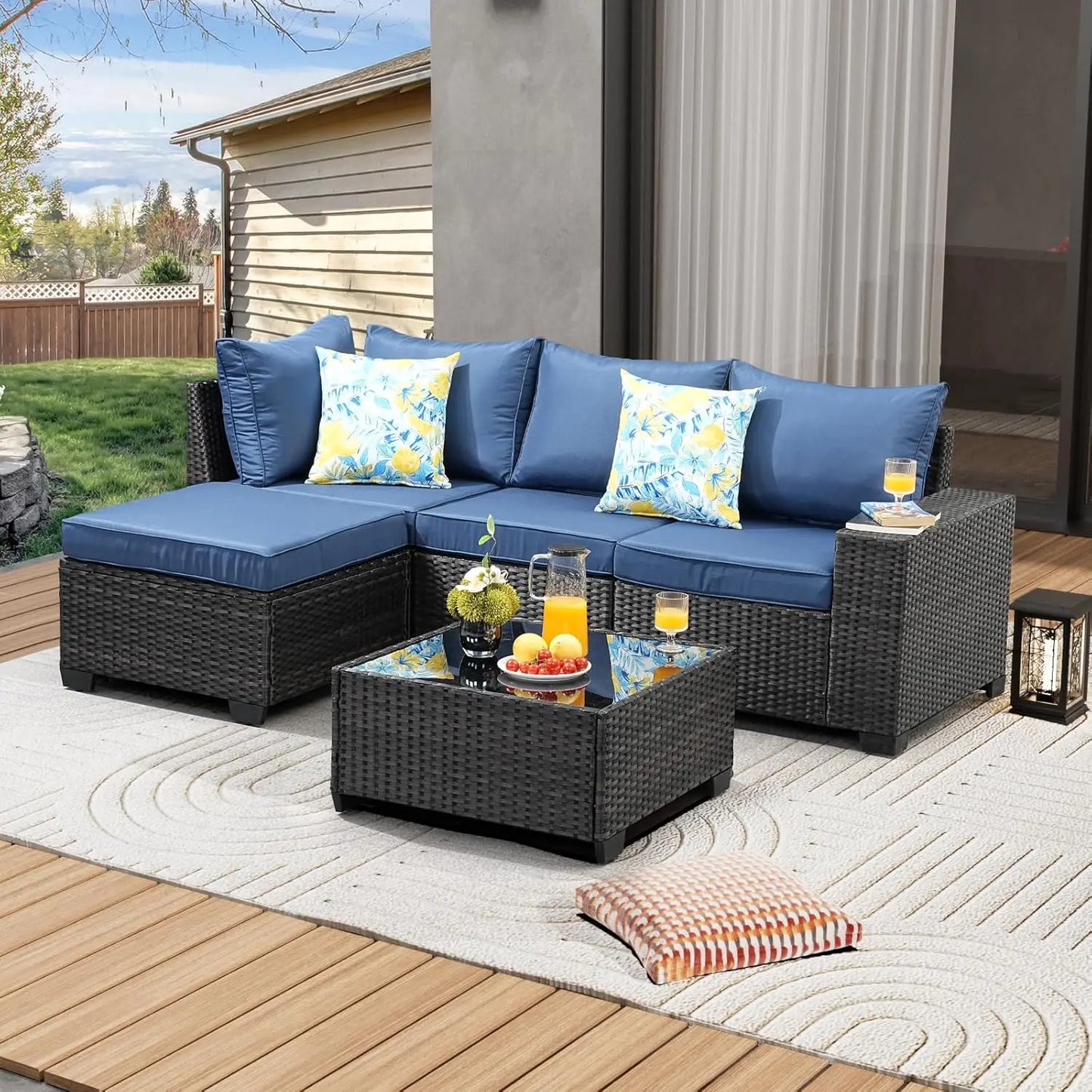 HUANZHUANG 5 Piece Outdoor Patio Furniture Set All Weather Wicker Sofa