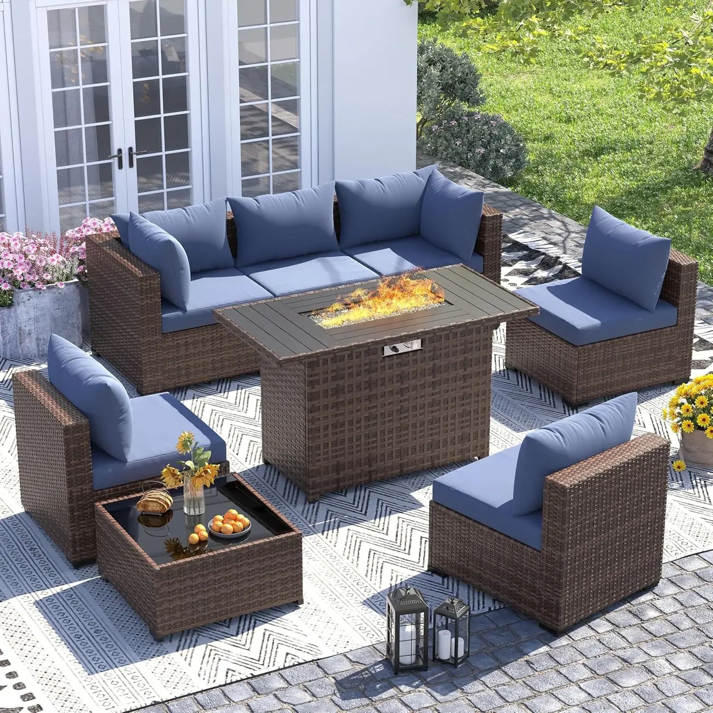 Outdoor Fire Pit Table Furniture Set With All Weather Wicker Sofas