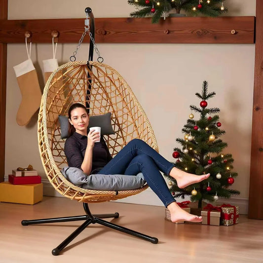 Rattan Hanging Egg Chair With Stand for Patio Outdoor Comfort