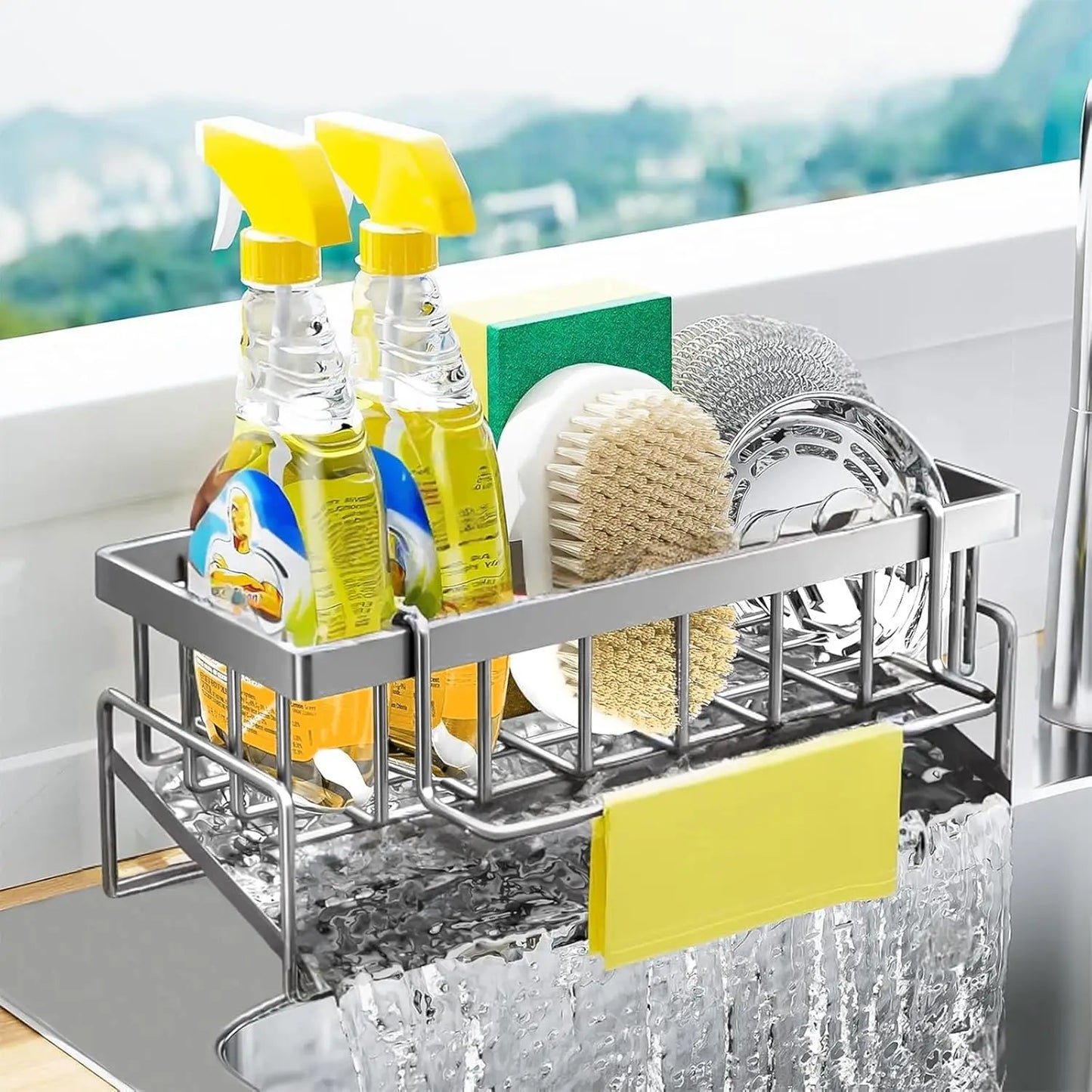 Carbon Steel Kitchen Sink Organizer With Sponge Holder And Dispenser