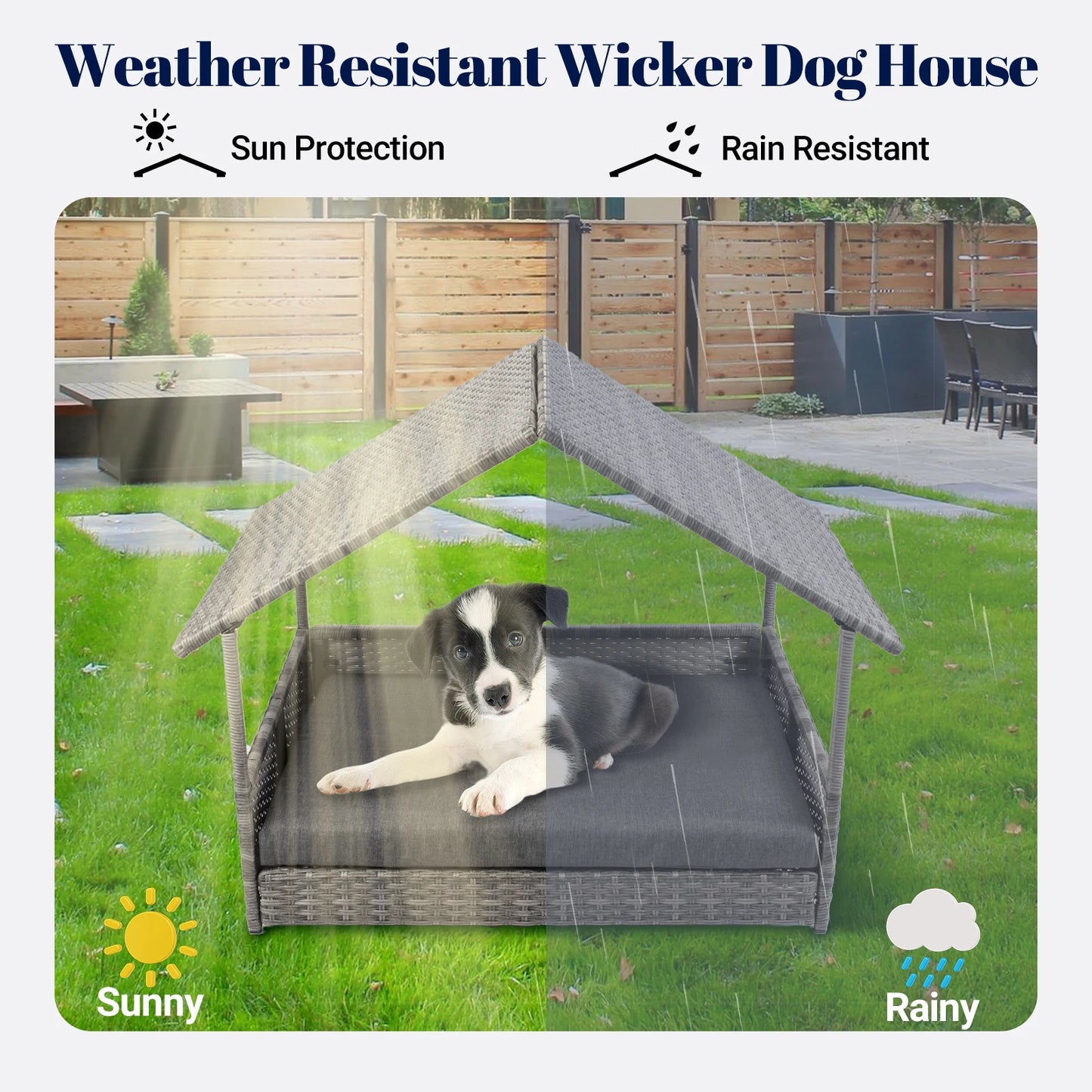 Nonecn Elevated Wicker Dog House With Canopy Cushion