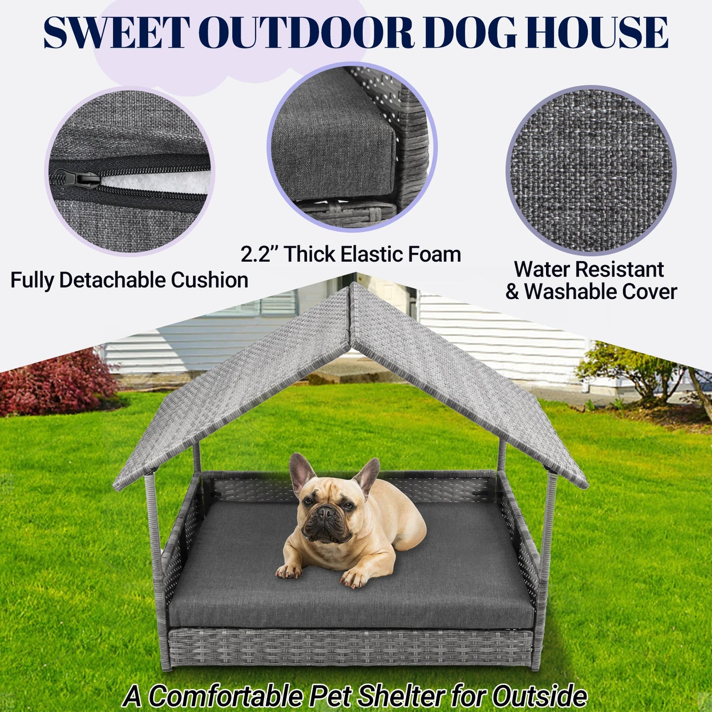 Nonecn Elevated Wicker Dog House With Canopy Cushion