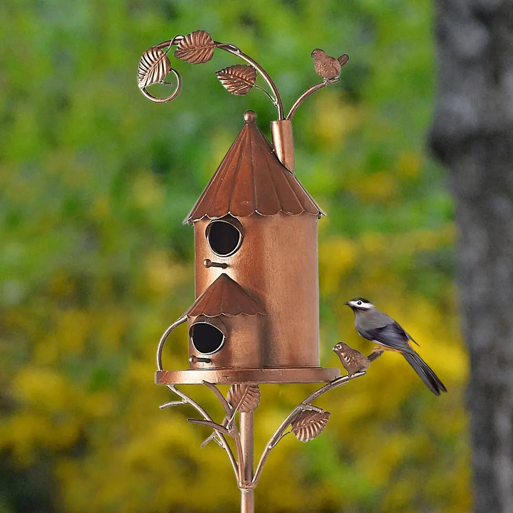 Metal Birdhouse Garden Stakes With Pole For Outdoor Yard Decor