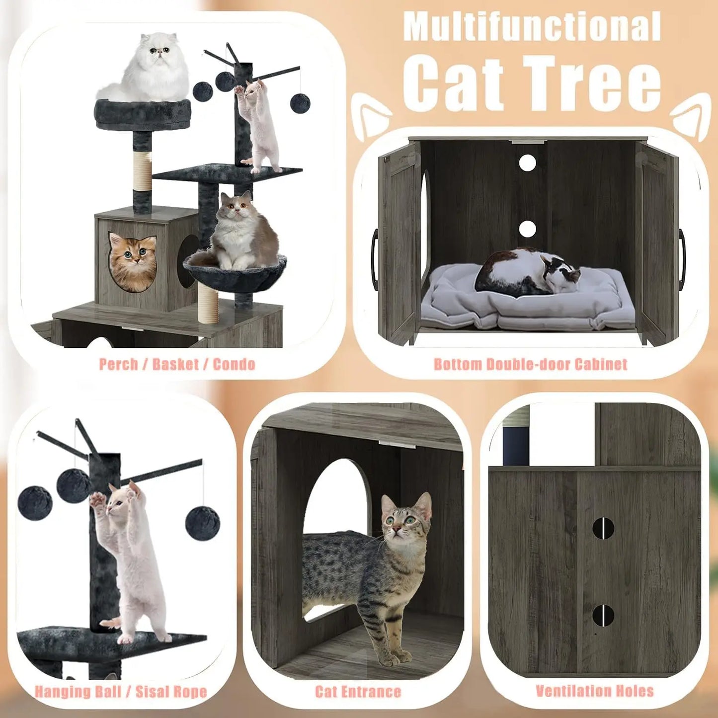 NONECN Cat Tree With Litter Box And Food Station Indoor