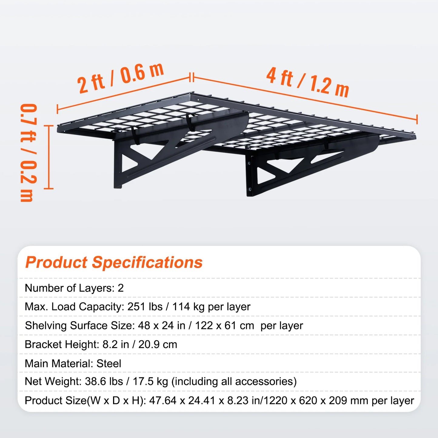 Garage Wall Mounted 2 Tier Rack Heavy Duty Tool Organizer