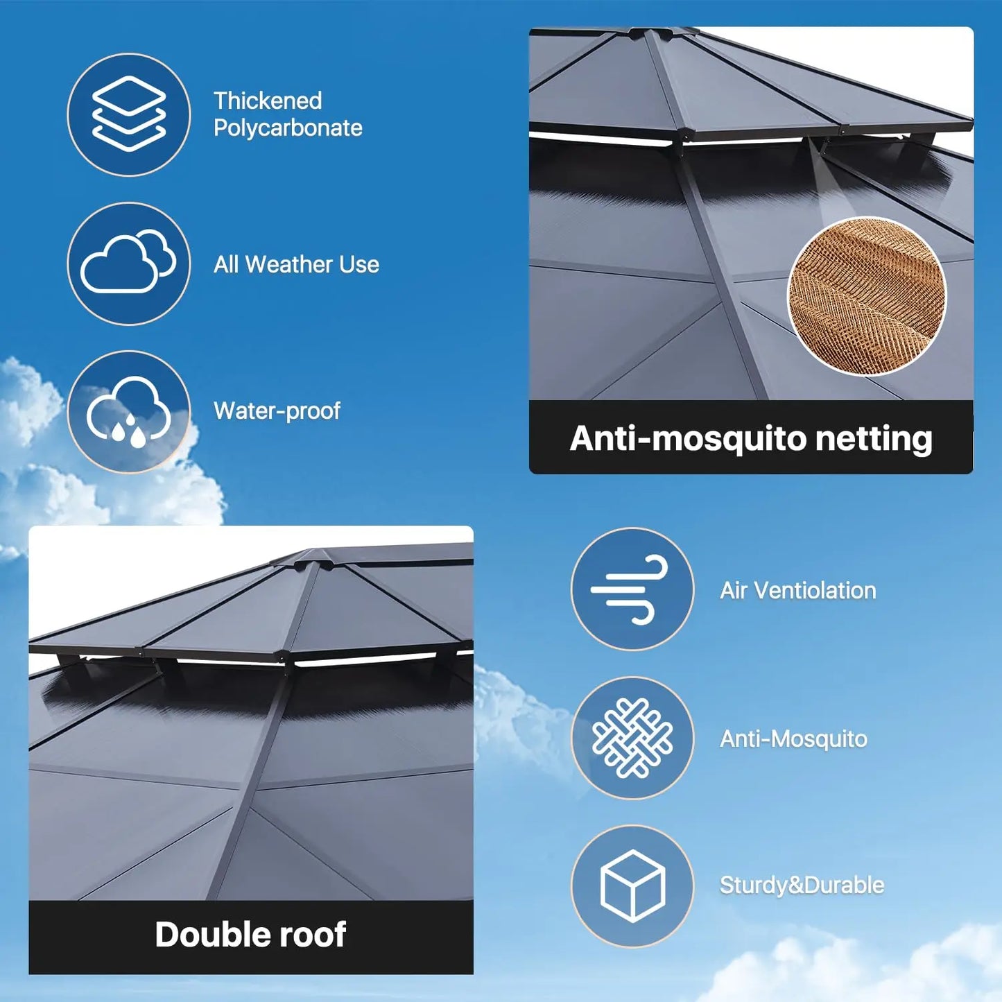 Hardtop Gazebo With Aluminum Frame Polycarbonate Double Roof Canopy Curtains