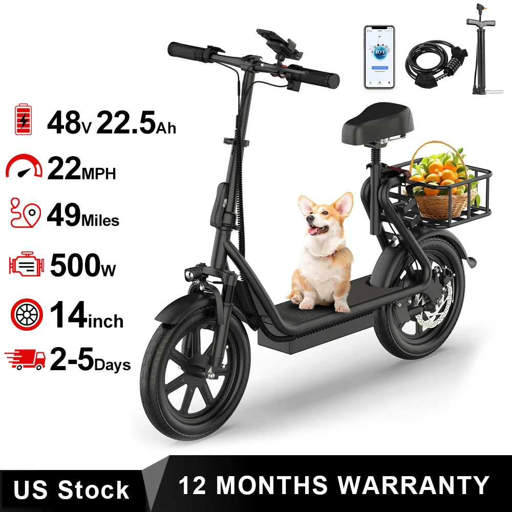Electric Scooter With Seat For Adult 500W 48V 10.4Ah Battery