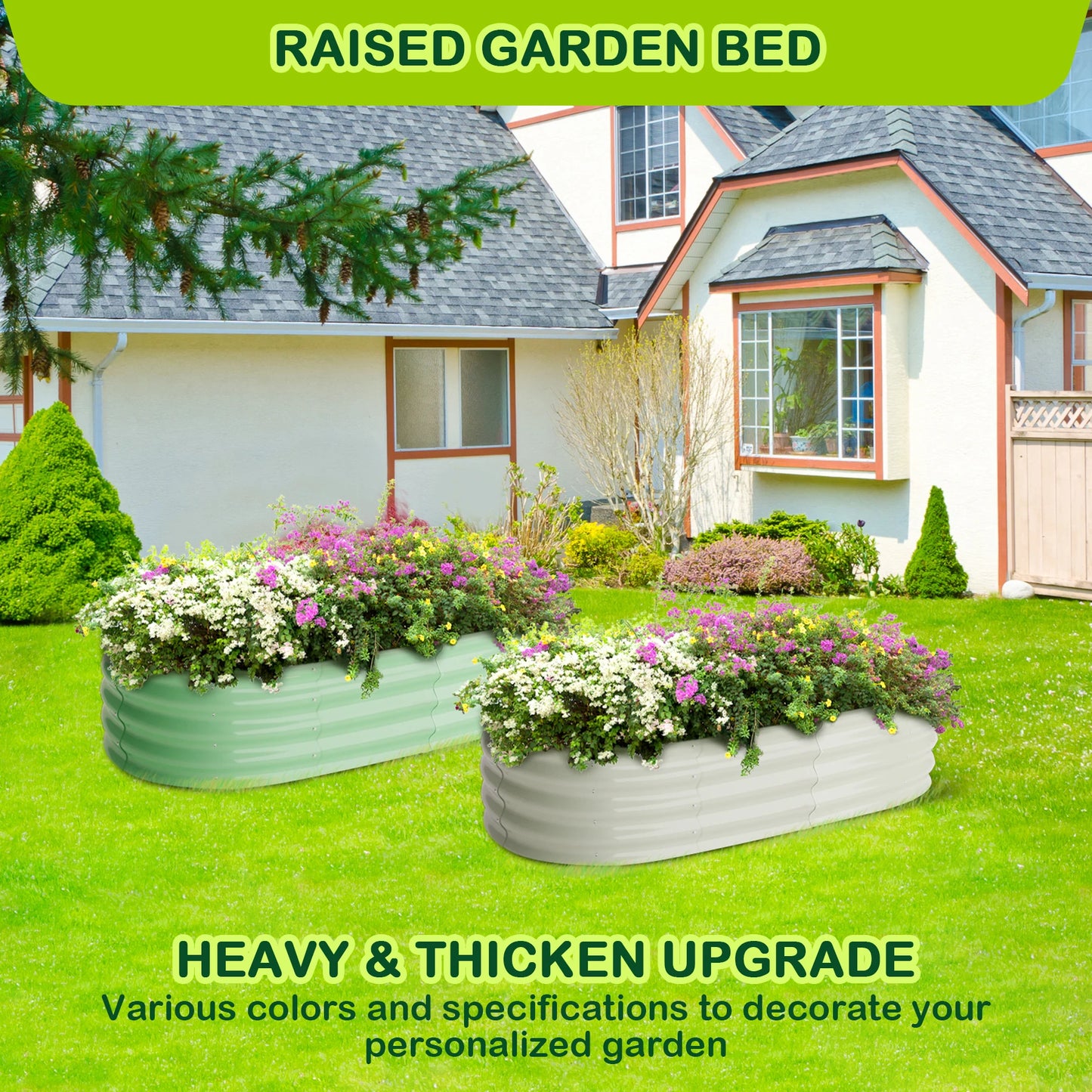 HiMISS Oval Galvanized Raised Garden Beds 2 Pack Outdoor Planters