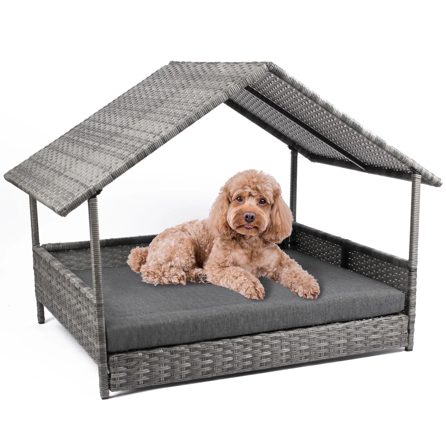 Nonecn Elevated Wicker Dog House With Canopy Cushion