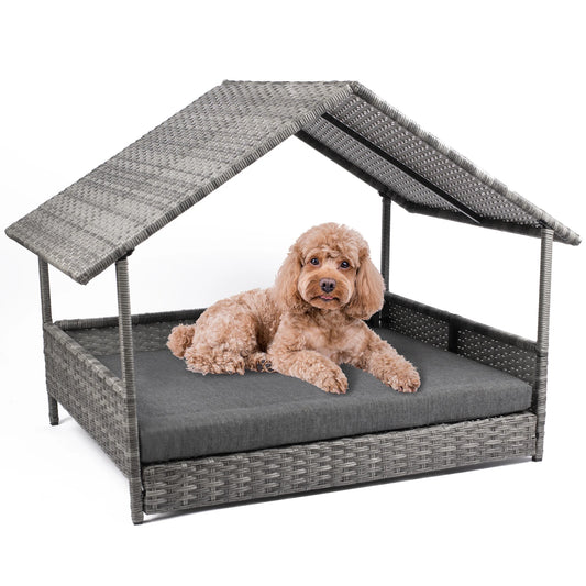Nonecn Elevated Wicker Dog House With Canopy Cushion