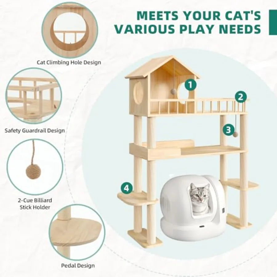 Wood Cat Tower for Self Cleaning Litter Box Multi Level